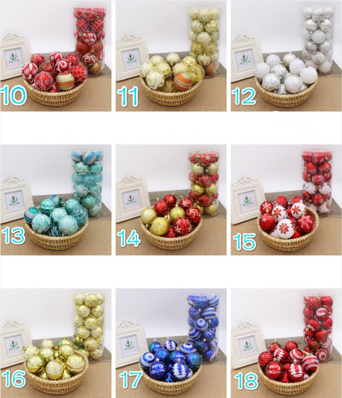 Set of 18 images showing various colored Christmas balls in a basket.