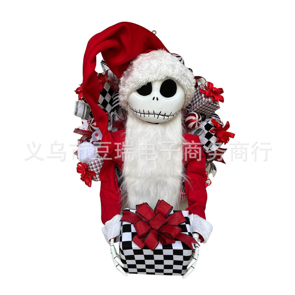Skeleton character in a Santa outfit with red hat and checkered pattern on a white background