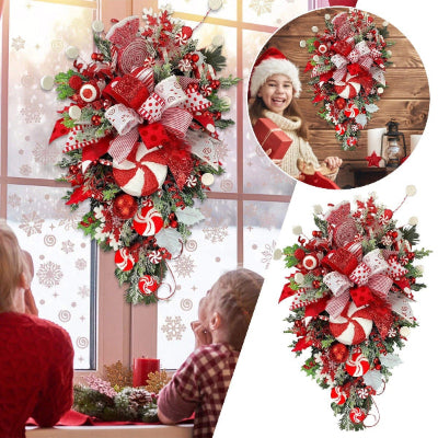 Decorative Christmas wreath with red, white, and green colors, surrounded by festive scenes.