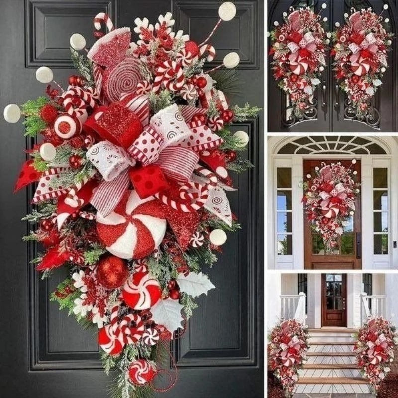 Decorative Christmas wreath with red, white, and green colors on a door.