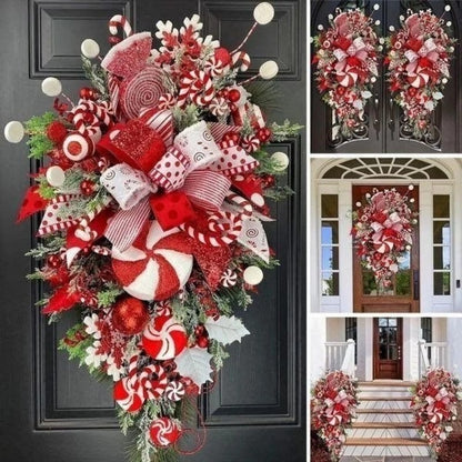 Decorative Christmas wreath with red, white, and green colors on a door.
