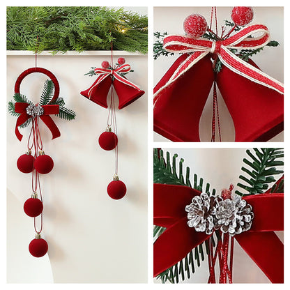 Collage of Christmas decorations including red ribbons, balls, and pine cones.