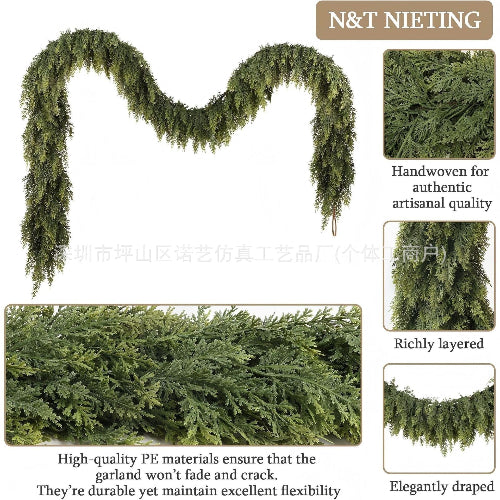 Artificial greenery garland with N&T NIETING branding, highlighting features like handwoven quality and rich layering.