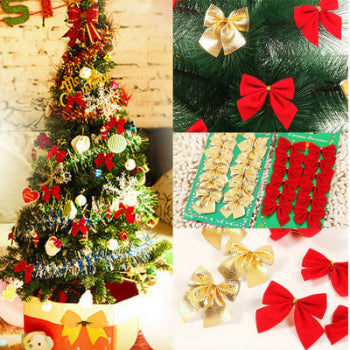 Collage of Christmas decorations including a tree, bows, and cards.