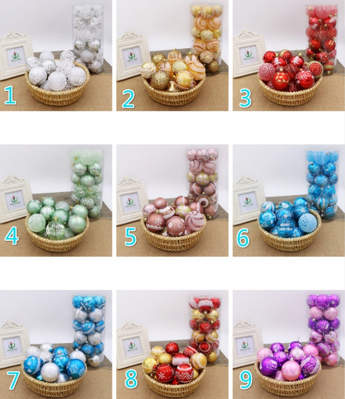 Collage of various colored Christmas balls in baskets on a wooden surface.