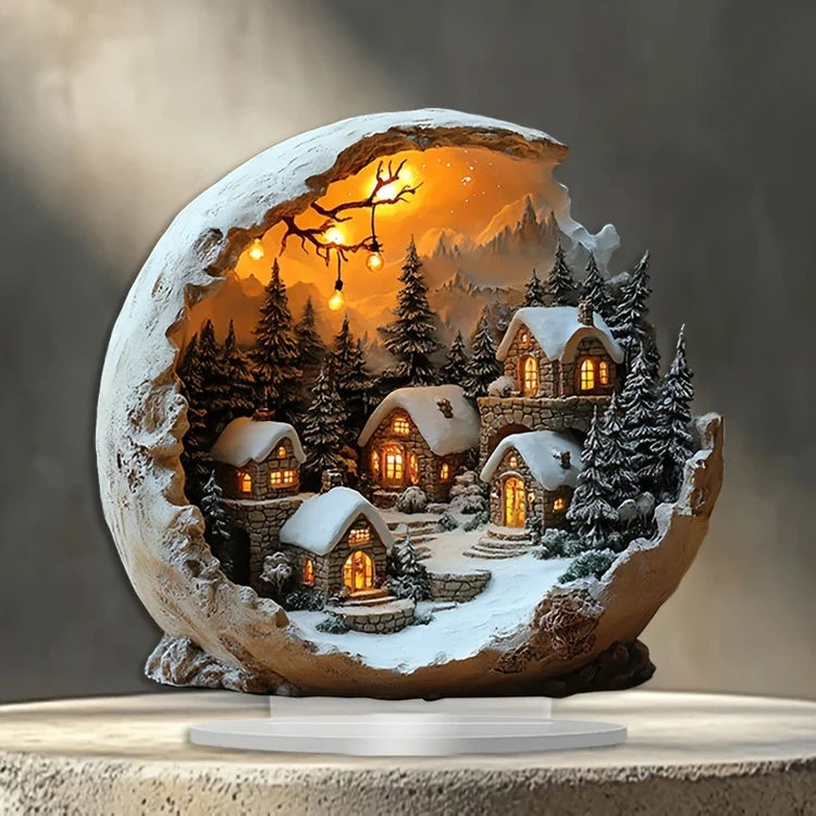 Decorative moon-shaped ornament with a snowy village scene inside, glowing warmly.