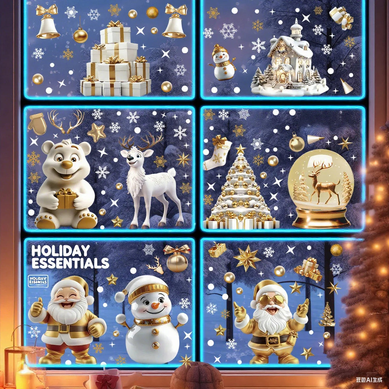 Christmas Window Clings Set Santa Cabin Reindeer