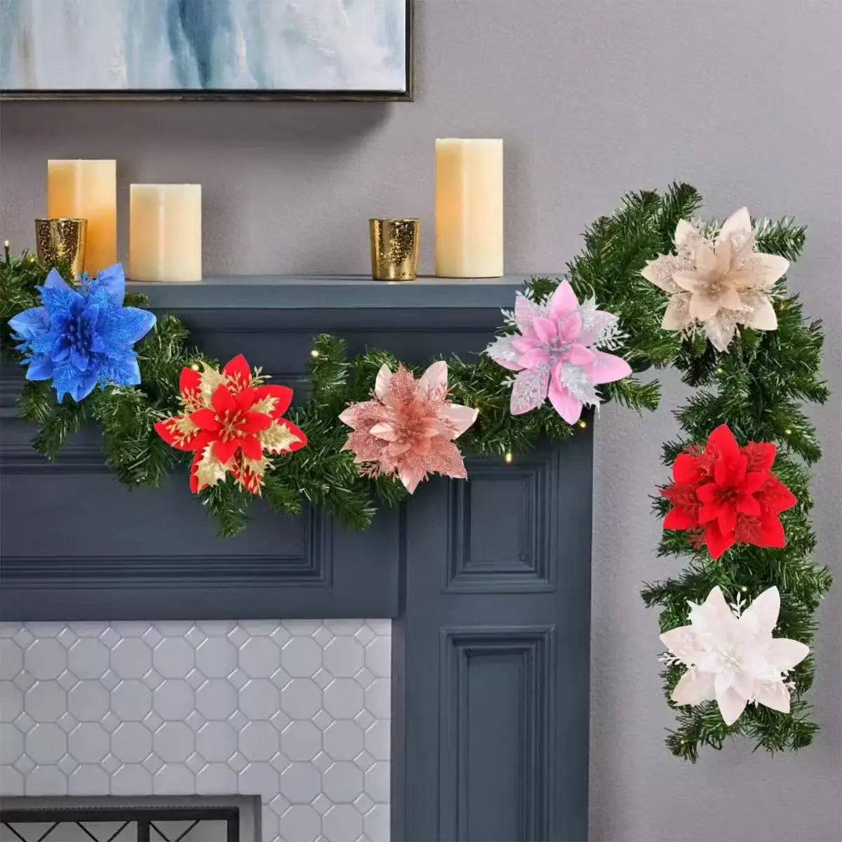 1~20Pcs Glitter Artifical Christmas Flowers Mreey