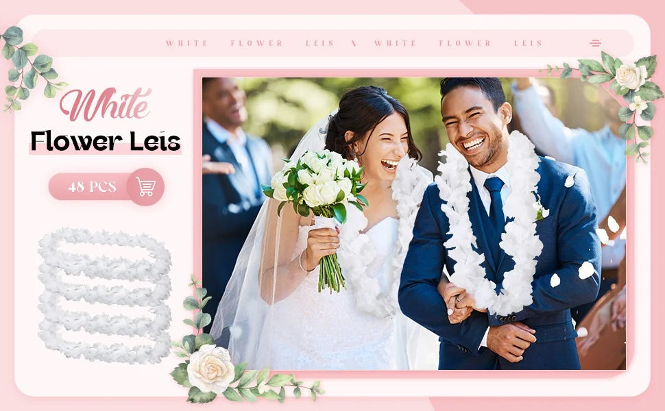 48Pcs White Flower Leis Luau Hawaiian Beach Wedding