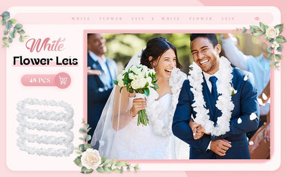 48Pcs White Flower Leis Luau Hawaiian Beach Wedding