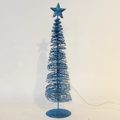 Blue glittery Christmas tree with a star on top against a white background