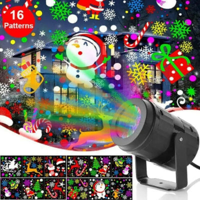 Christmas light projector with colorful patterns on a dark background