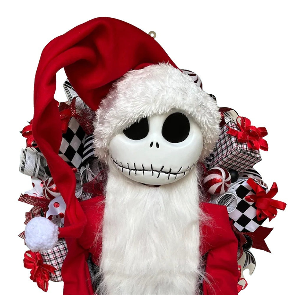 Skeleton figure in a red Santa hat with festive decorations 