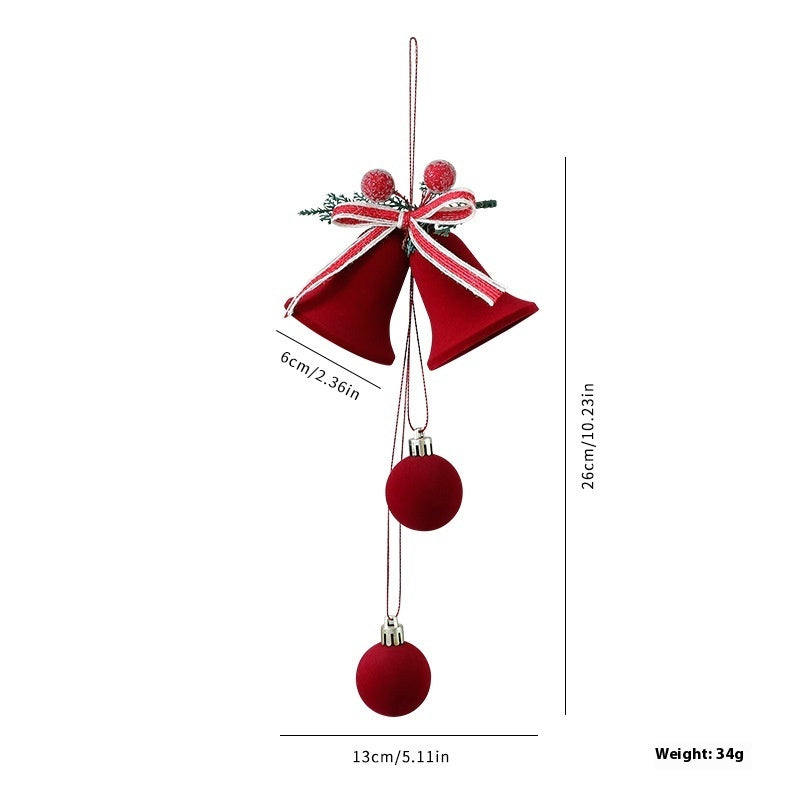 Red bell ornament with a bow and pom-poms on a white background, showing measurements and weight.