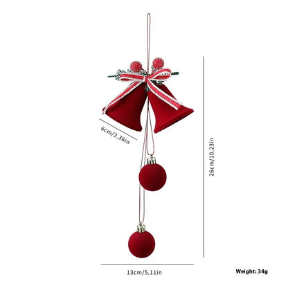 Red bell ornament with a bow and pom-poms on a white background, showing measurements and weight.