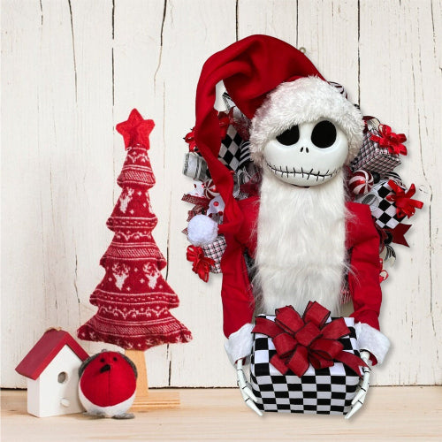 Skeleton figure in a Santa outfit with a red hat and checkered pants, surrounded by Christmas decorations 