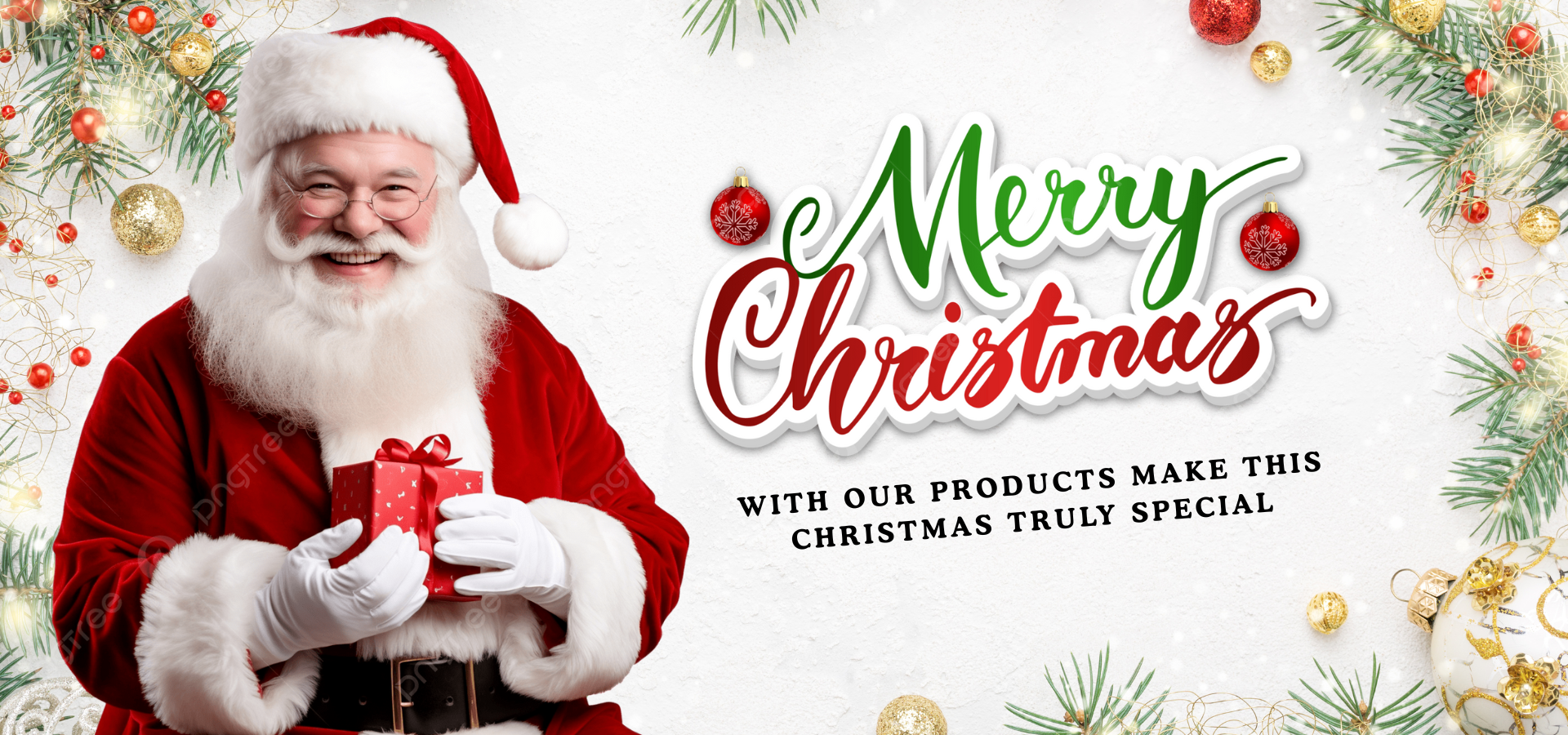 Santa Claus holding a gift with Christmas decorations and text on a white background