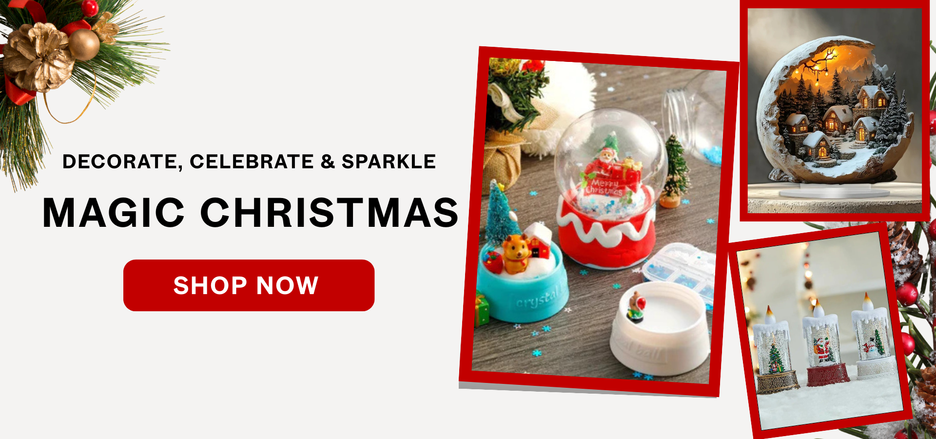 Promotional banner for Magic Christmas decorations with snow globes and festive items.